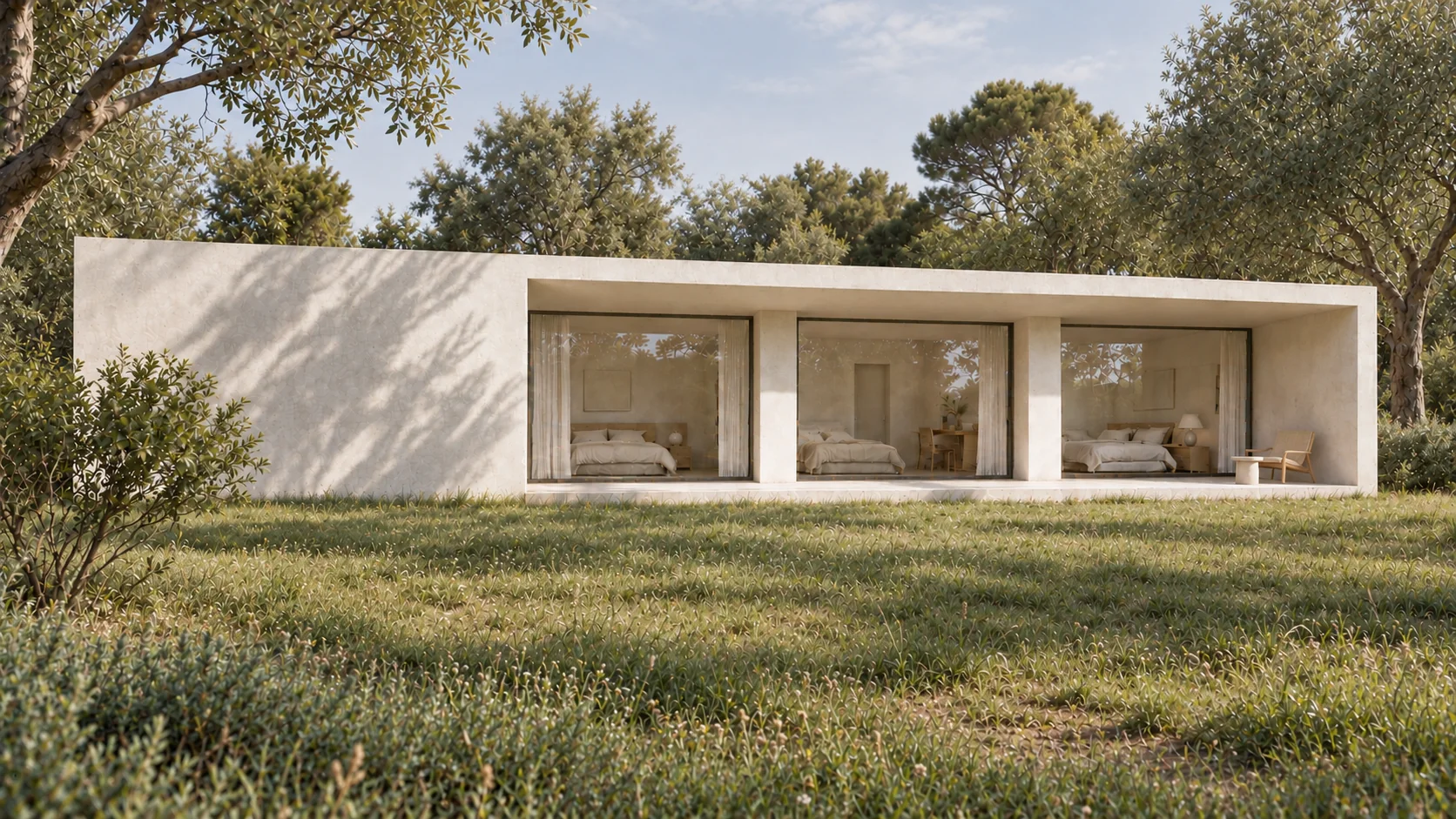 Fachada de dormitorios de Casa Umbral abierta al paisaje en Albacete