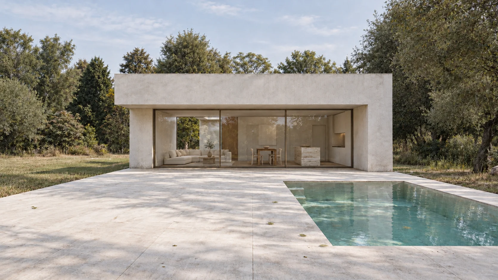 Zona de estar de Casa Umbral abierta al jardín y a la piscina