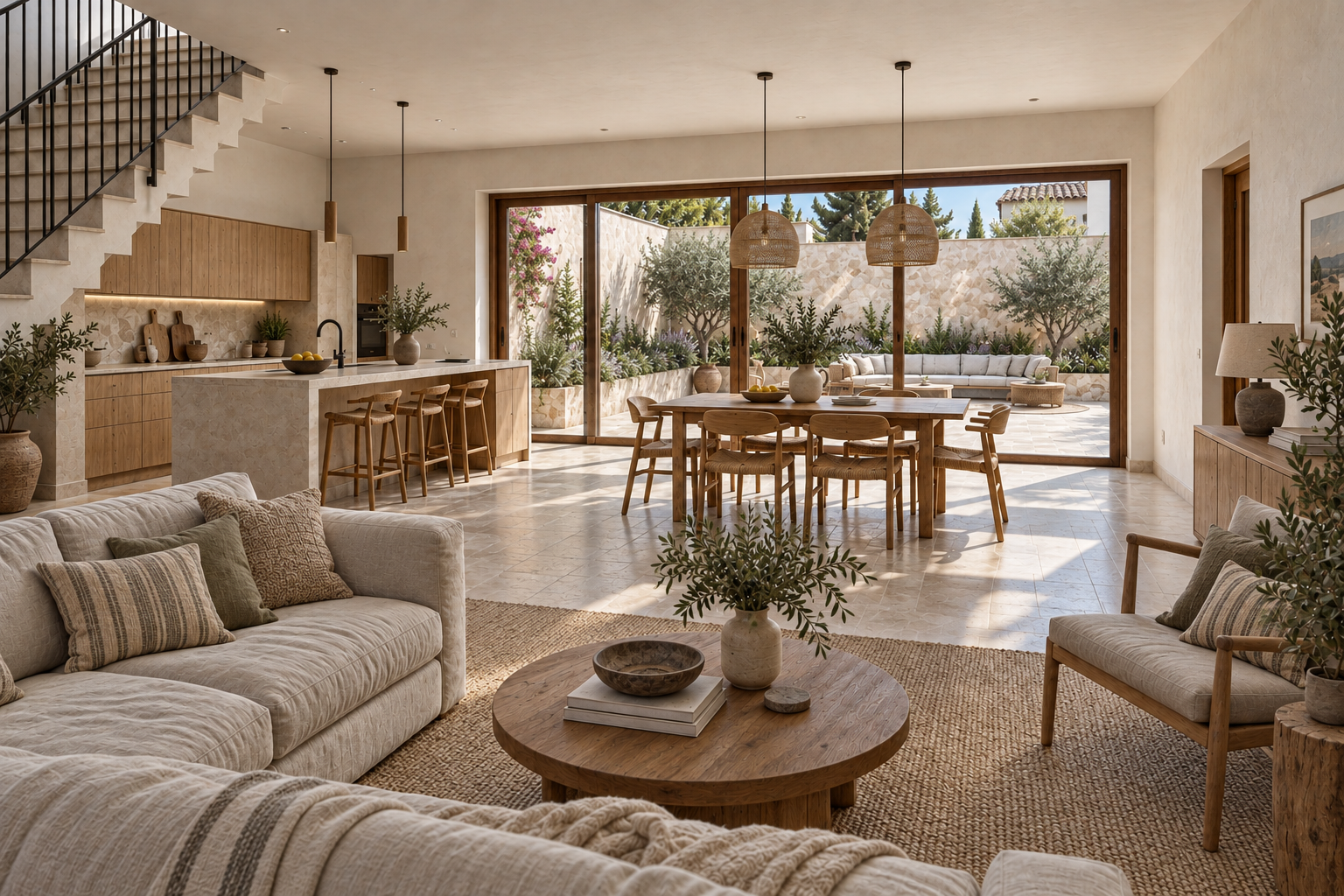 Salón, cocina y comedor de Casa Bocairente abiertos al patio mediterráneo