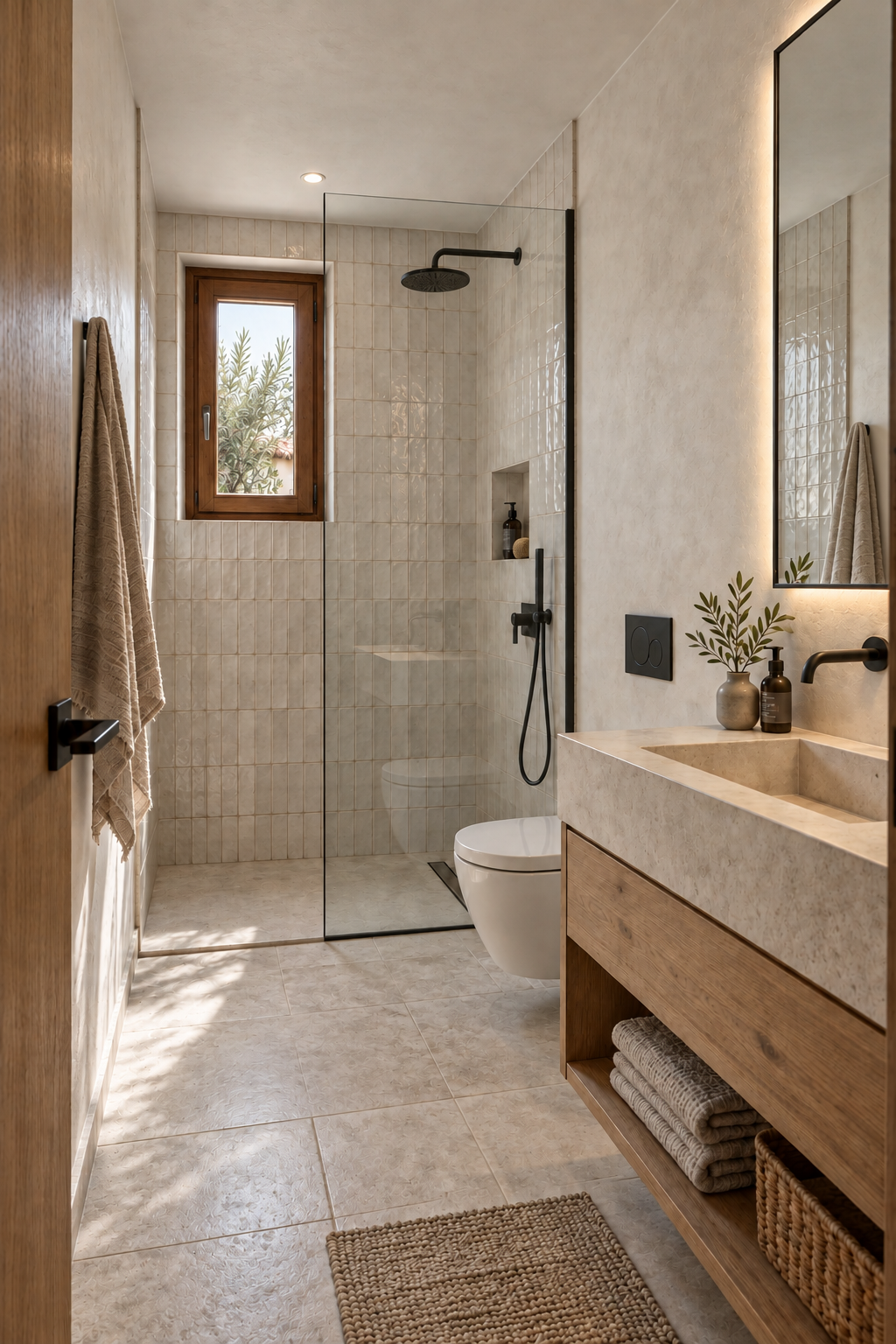 Baño contemporáneo de Casa Bocairente con cerámica clara, madera y grifería negra