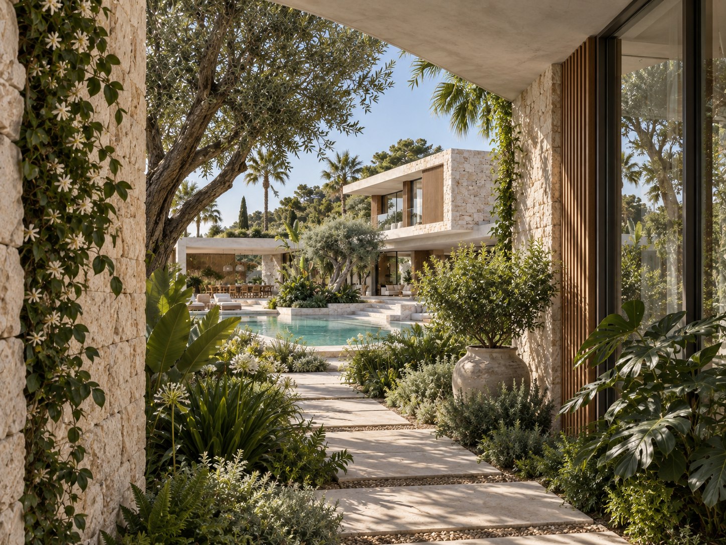 Recorrido ajardinado entre los volúmenes de Casa Albor