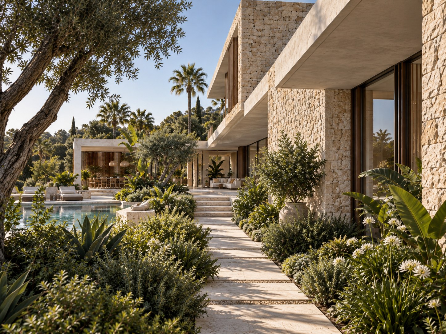Detalle de piedra natural, vuelos y vegetación mediterránea en Casa Albor