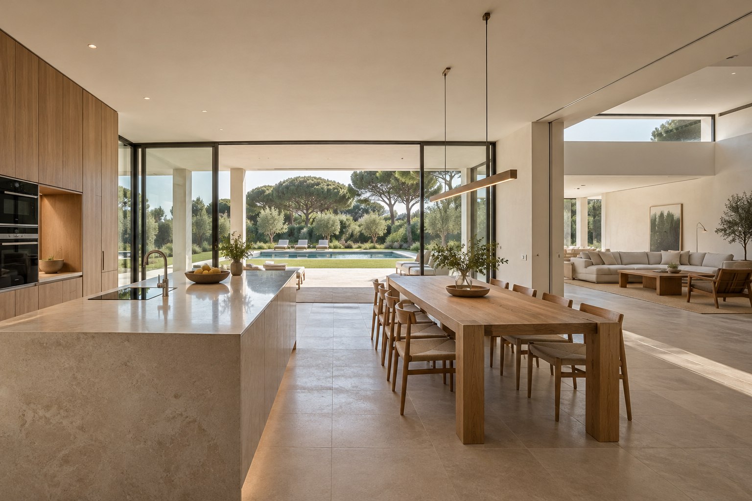 Cocina y comedor de Casa Estrato abiertos al porche, el jardín y la piscina