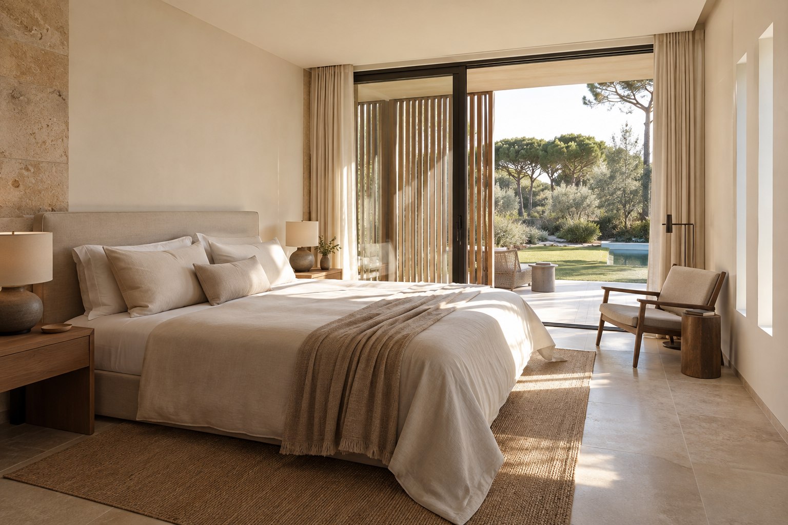 Dormitorio principal de Casa Estrato con madera, tonos neutros y vistas al jardín