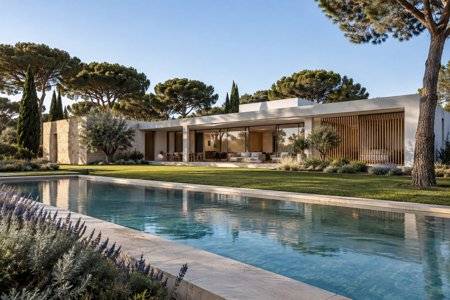 Casa Estrato, vivienda mediterránea contemporánea de una planta con jardín y piscina
