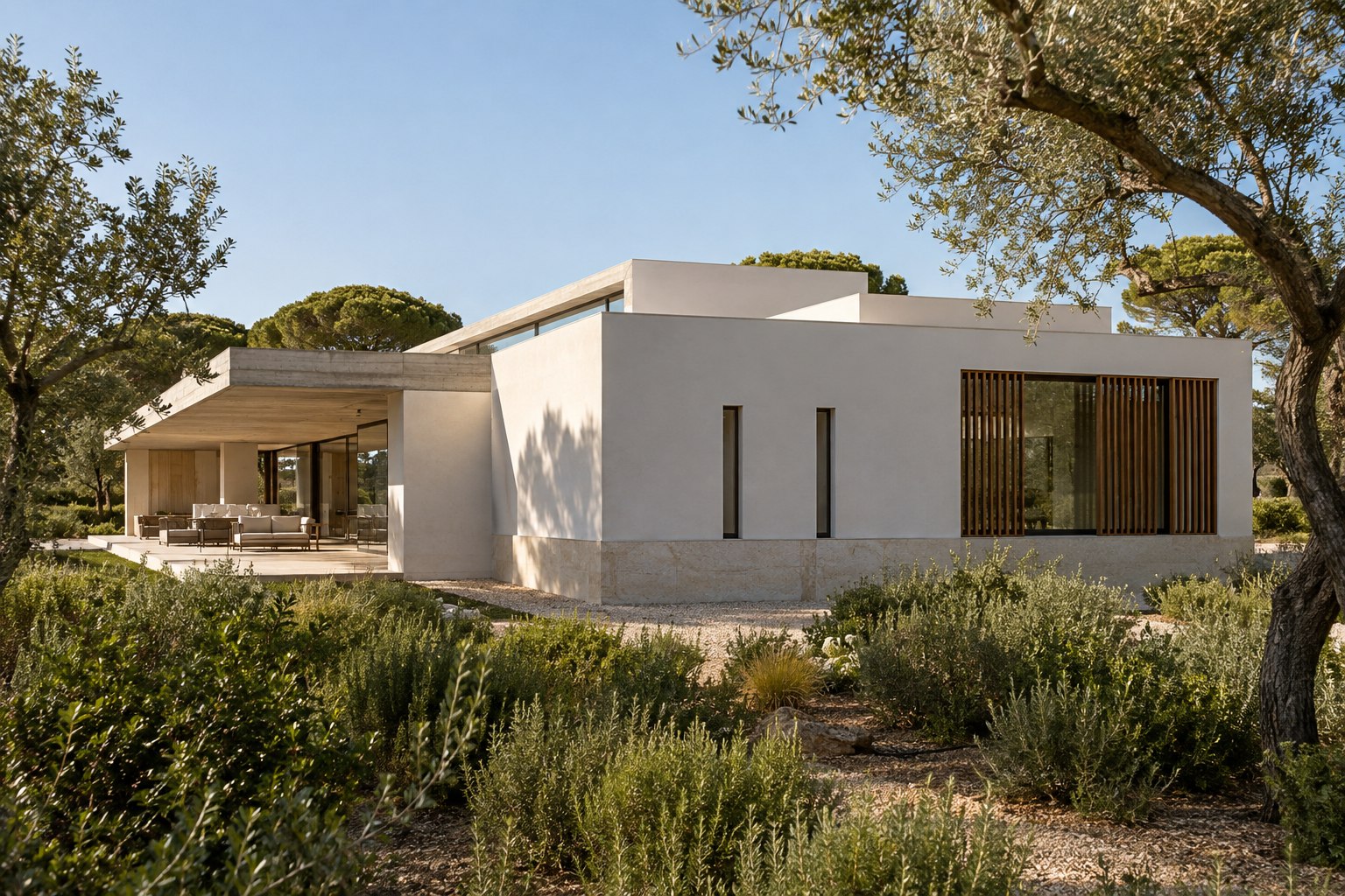 Fachada lateral de Casa Estrato integrada entre pinos y vegetación mediterránea