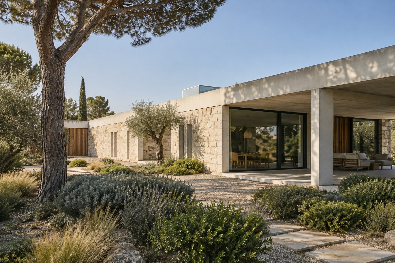 Fachada de Casa Estrato con piedra caliza, hormigón y jardín mediterráneo