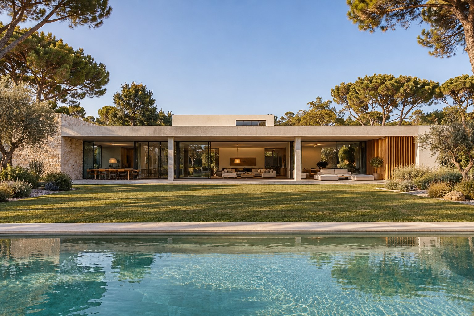 Vista frontal de Casa Estrato desde el jardín y la piscina