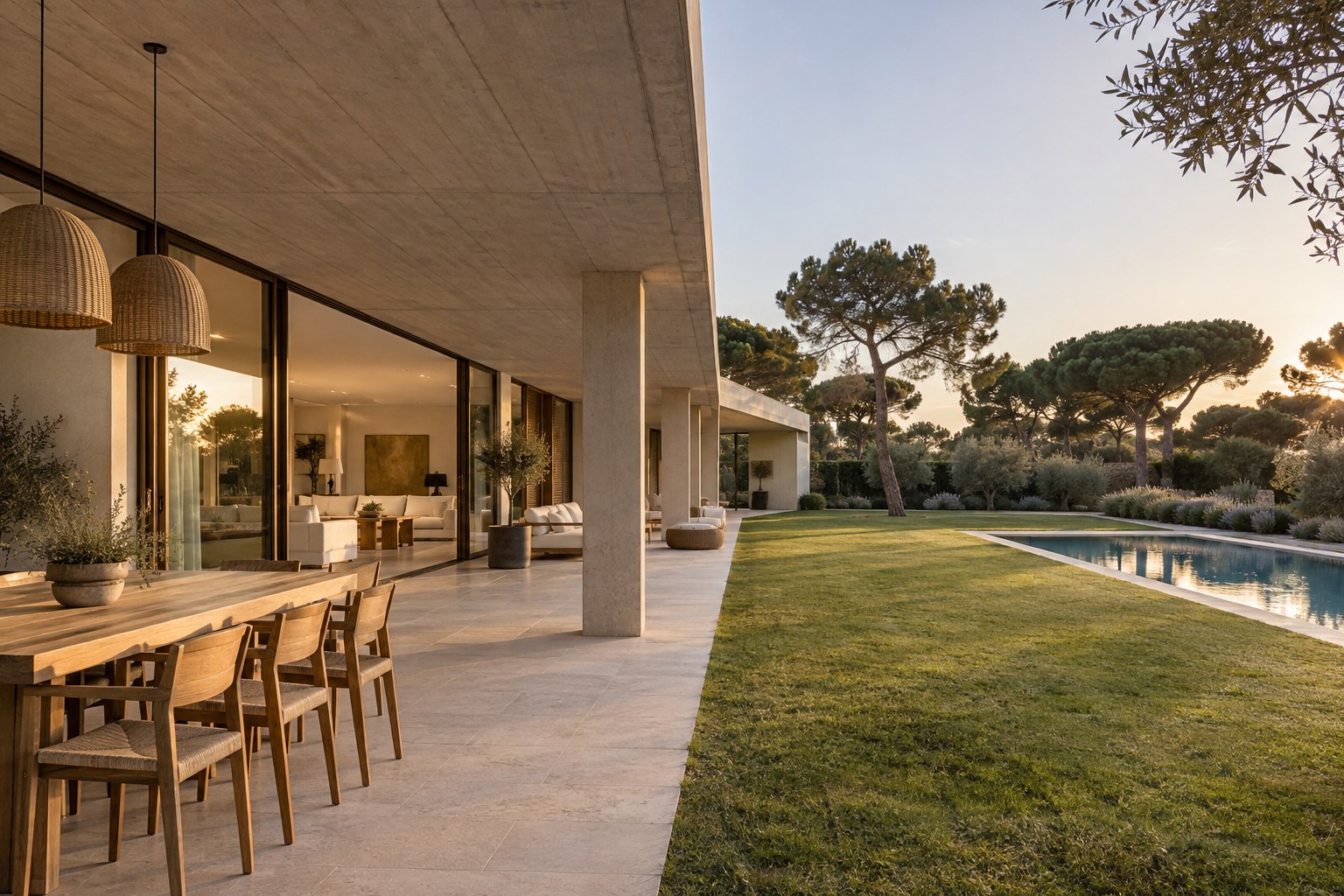 Porche de Casa Estrato con comedor exterior y continuidad hacia la piscina