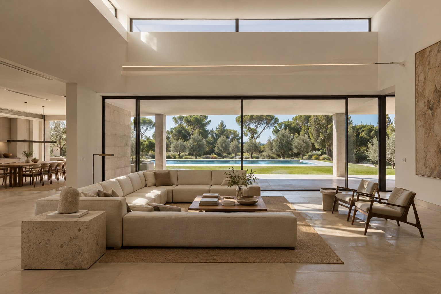 Salón de doble altura de Casa Estrato con iluminación superior y vistas al jardín