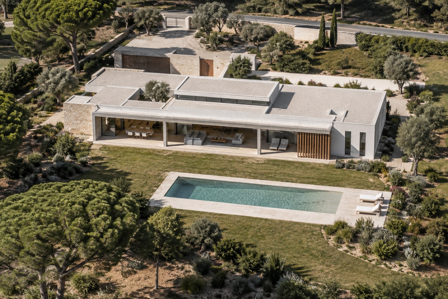 Vista aérea de Casa Estrato mostrando la vivienda de una planta, el jardín y la piscina