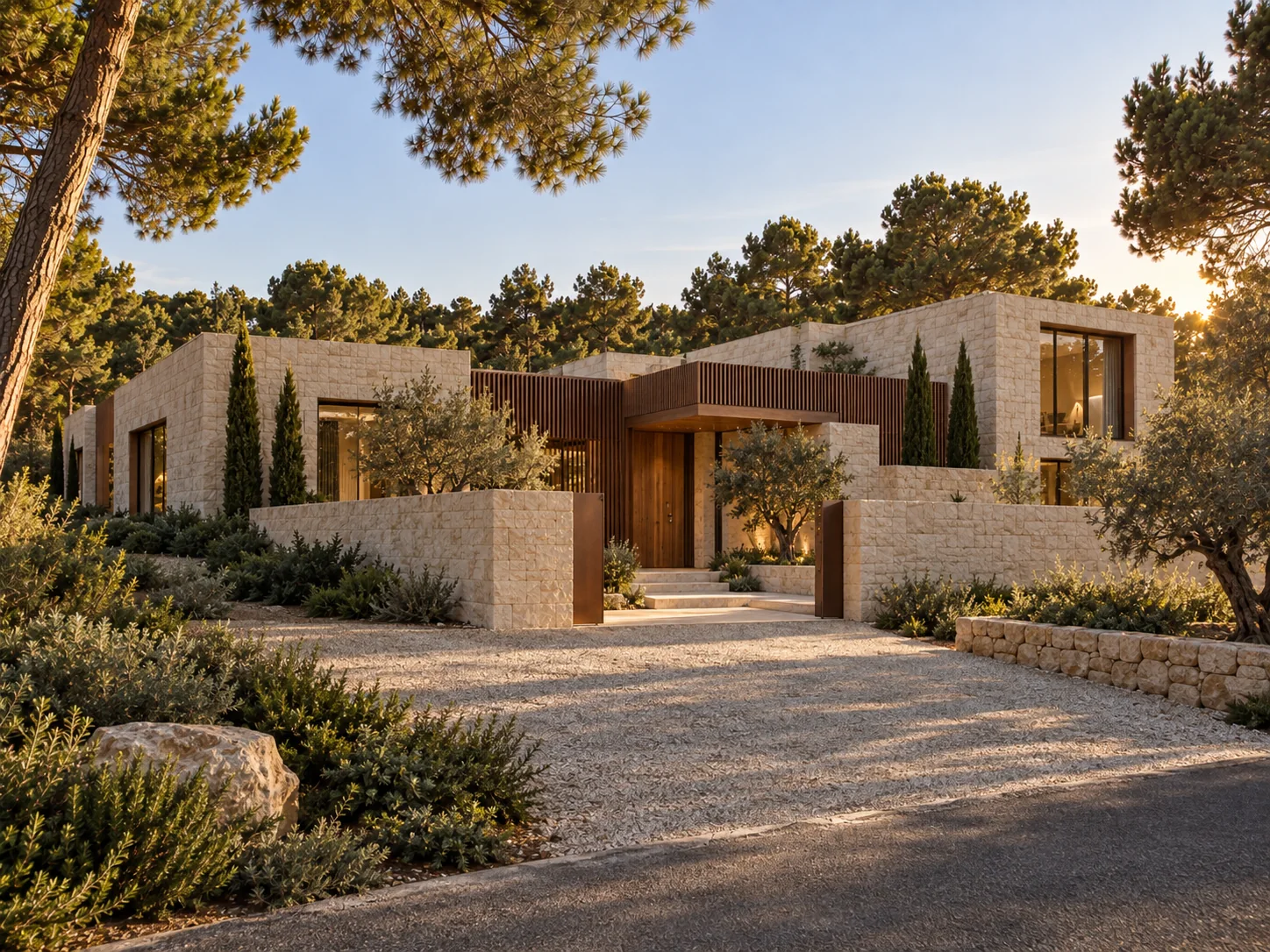 Acceso a Casa Maquia con volúmenes de piedra y jardín mediterráneo