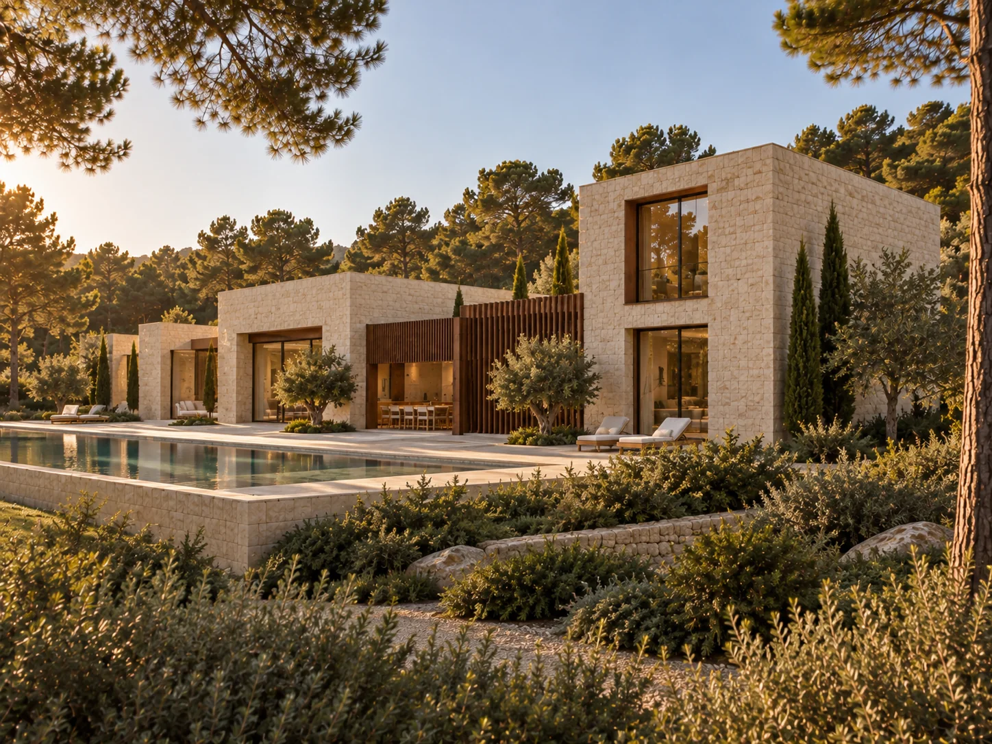 Fachada lateral con celosías verticales y revestimiento de piedra clara