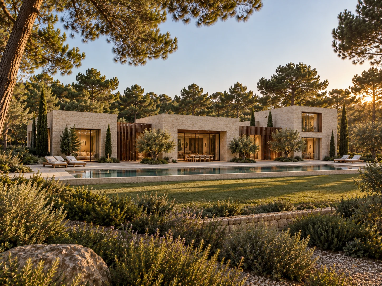 Vivienda contemporánea rodeada de pinos y vegetación mediterránea