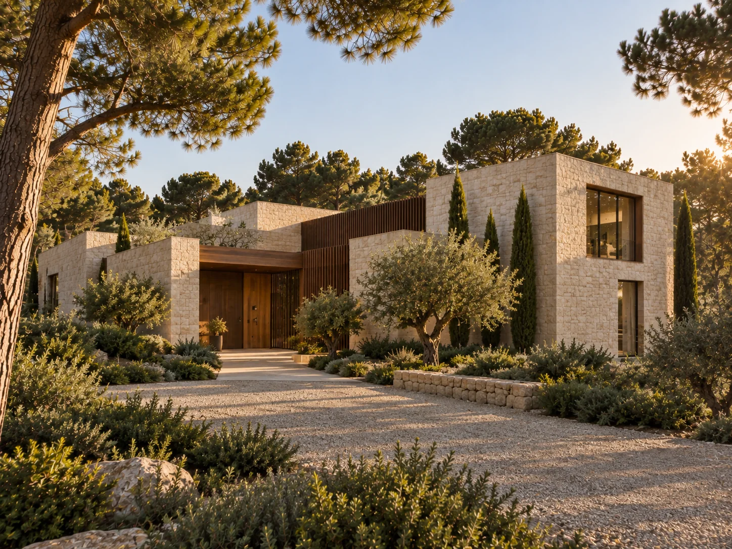 Vivienda de diseño con volumen de dos plantas y celosías marrones