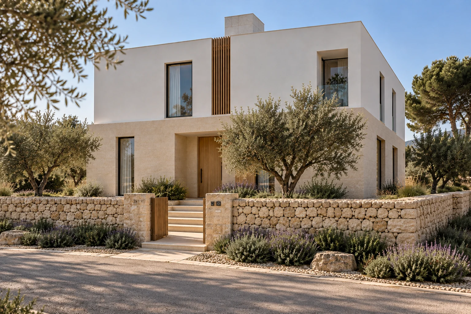 Entrada de Casa Solana con puerta de madera y jardín mediterráneo