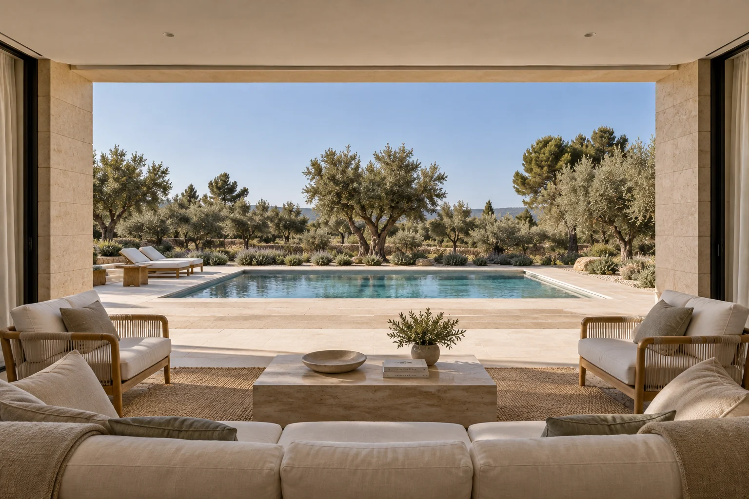 Salón exterior bajo el porche de Casa Solana con vistas a la piscina y los olivos