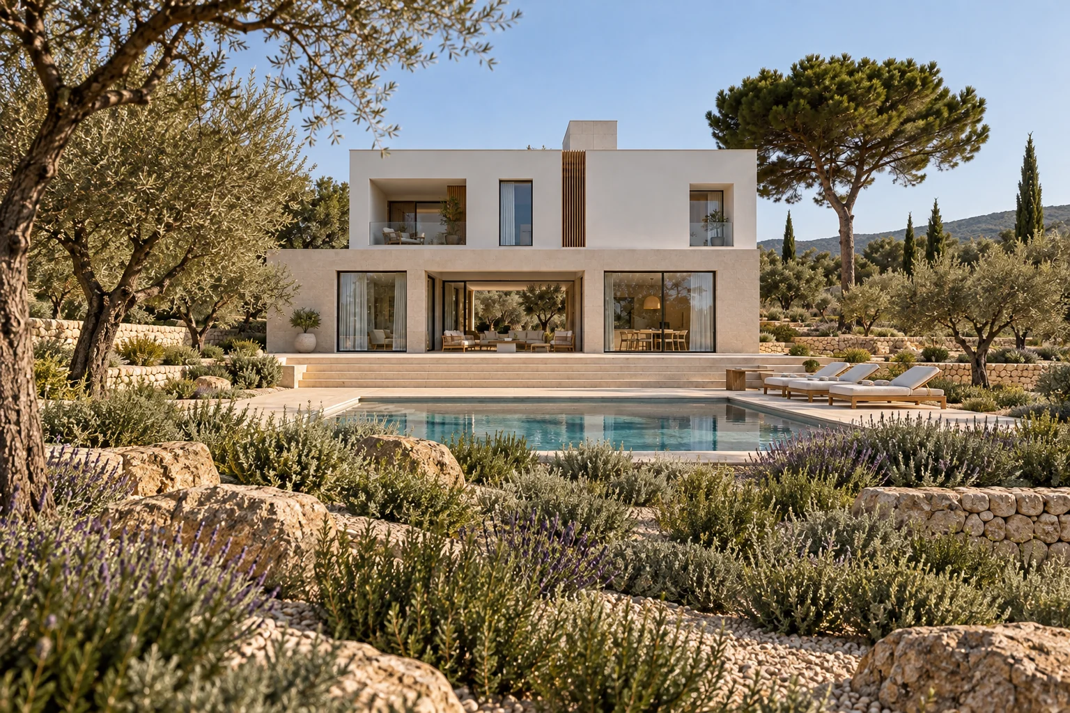 Vista general de Casa Solana y su piscina integradas en un paisaje mediterráneo