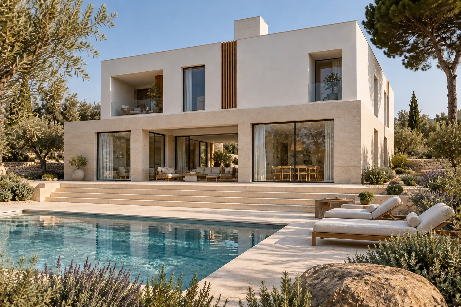 Vista oblicua de Casa Solana desde la piscina y el jardín mediterráneo